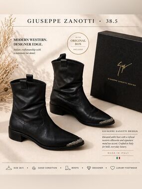 Giuseppe Zanotti Pakito 30 Tubo Black Leather Western Boots Size 38.5